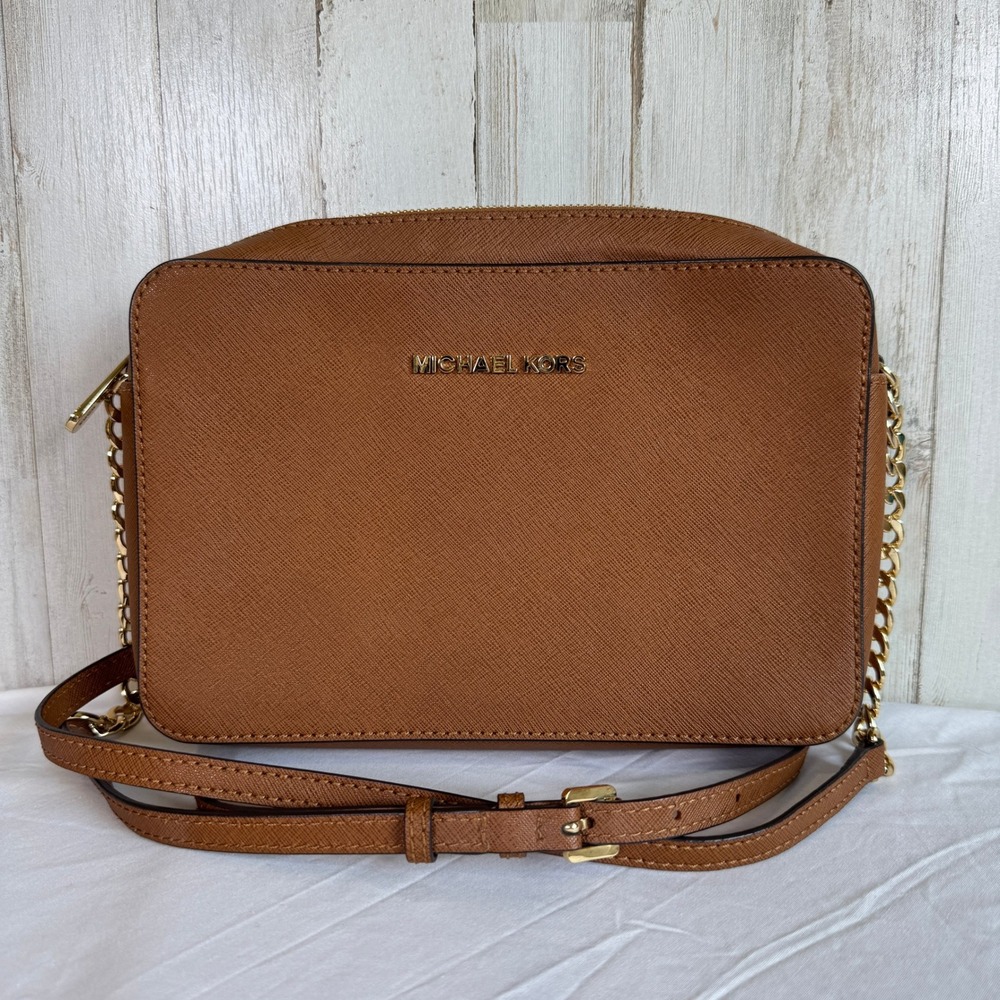 Michael Kors Crossbody Bag Camel Brown Jet Set East West Saffiano Leather